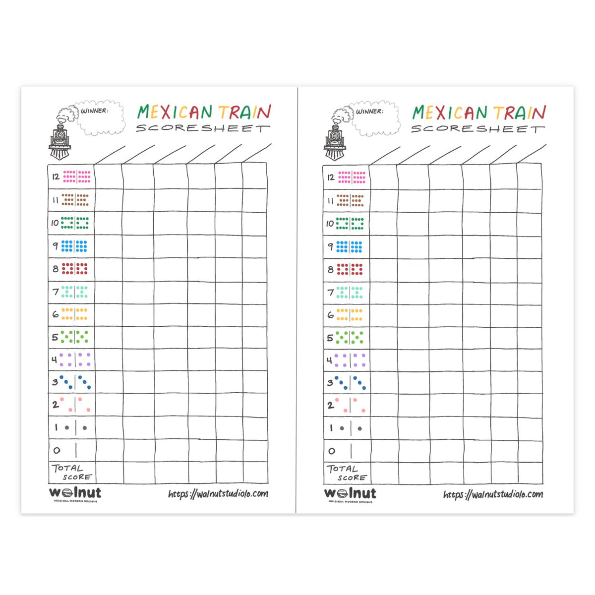 Example of free printable Mexican Train scoresheet